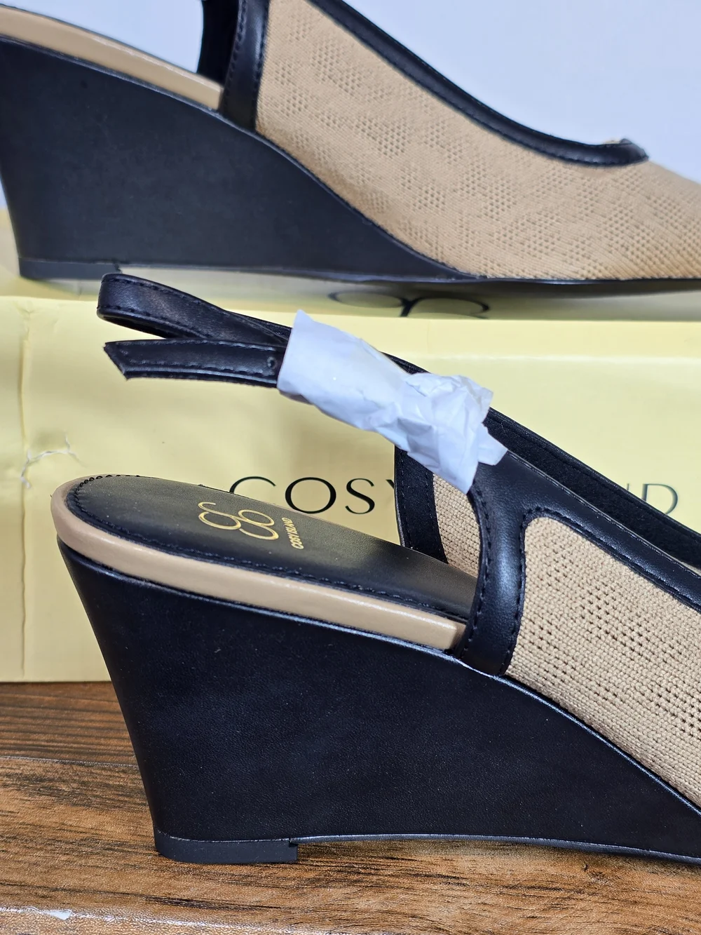 Cosy Island Beige Black Wedge Slingback Shoes Size 8.5